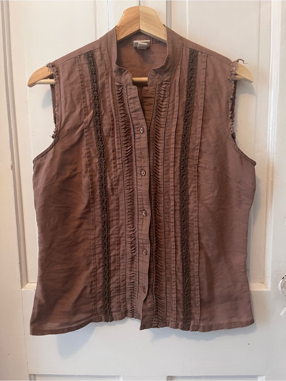 Sleeveless Pintuck Button-Front Top - Linen Blend, S
